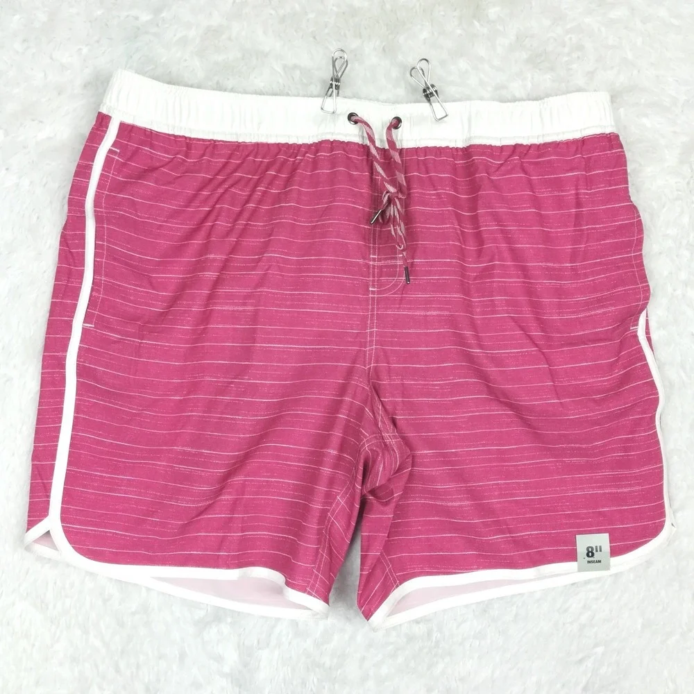 George Mens Swim Trunks Shorts‎ UPF 50+ Dolphin Hem Red Burlap Stripe XL New